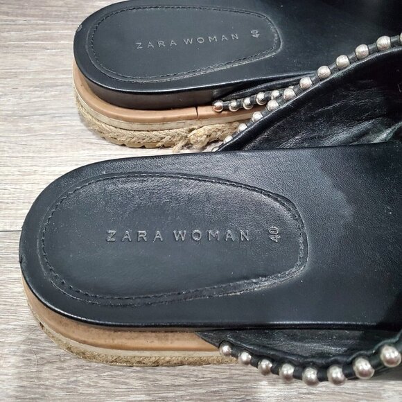 Zara Black Silver Studded Cross Strap Slides Womens 9 Open Toe Slip On Sandals - Picture 8 of 15